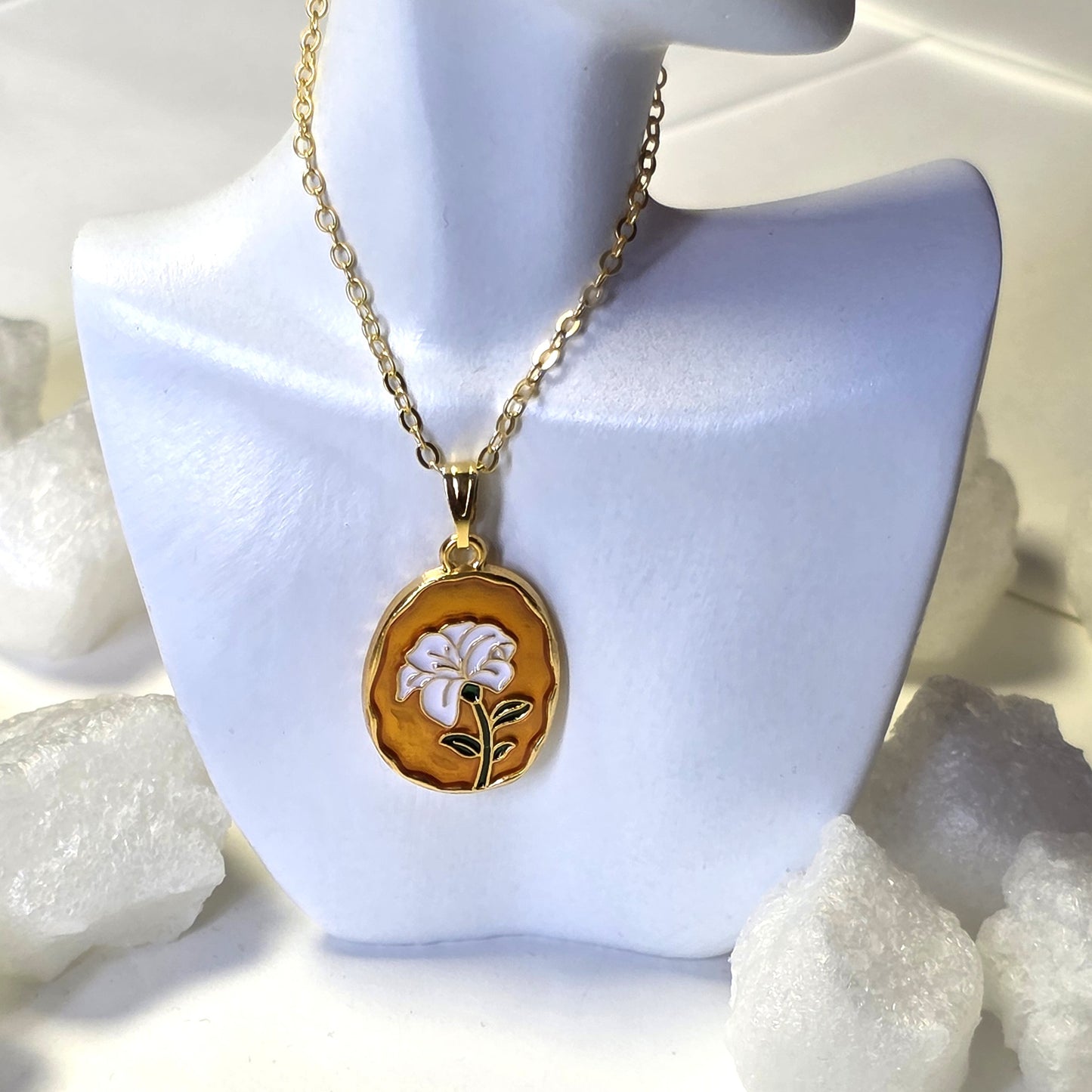 Amber Enamel White Lily Medallion Golden Chain Necklace