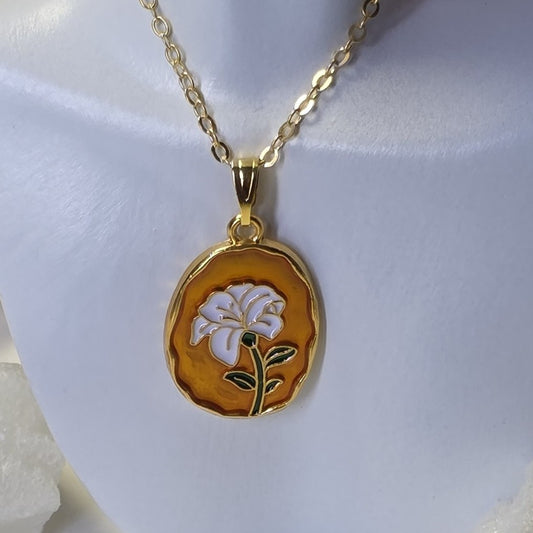 Amber Enamel White Lily Medallion Golden Chain Necklace