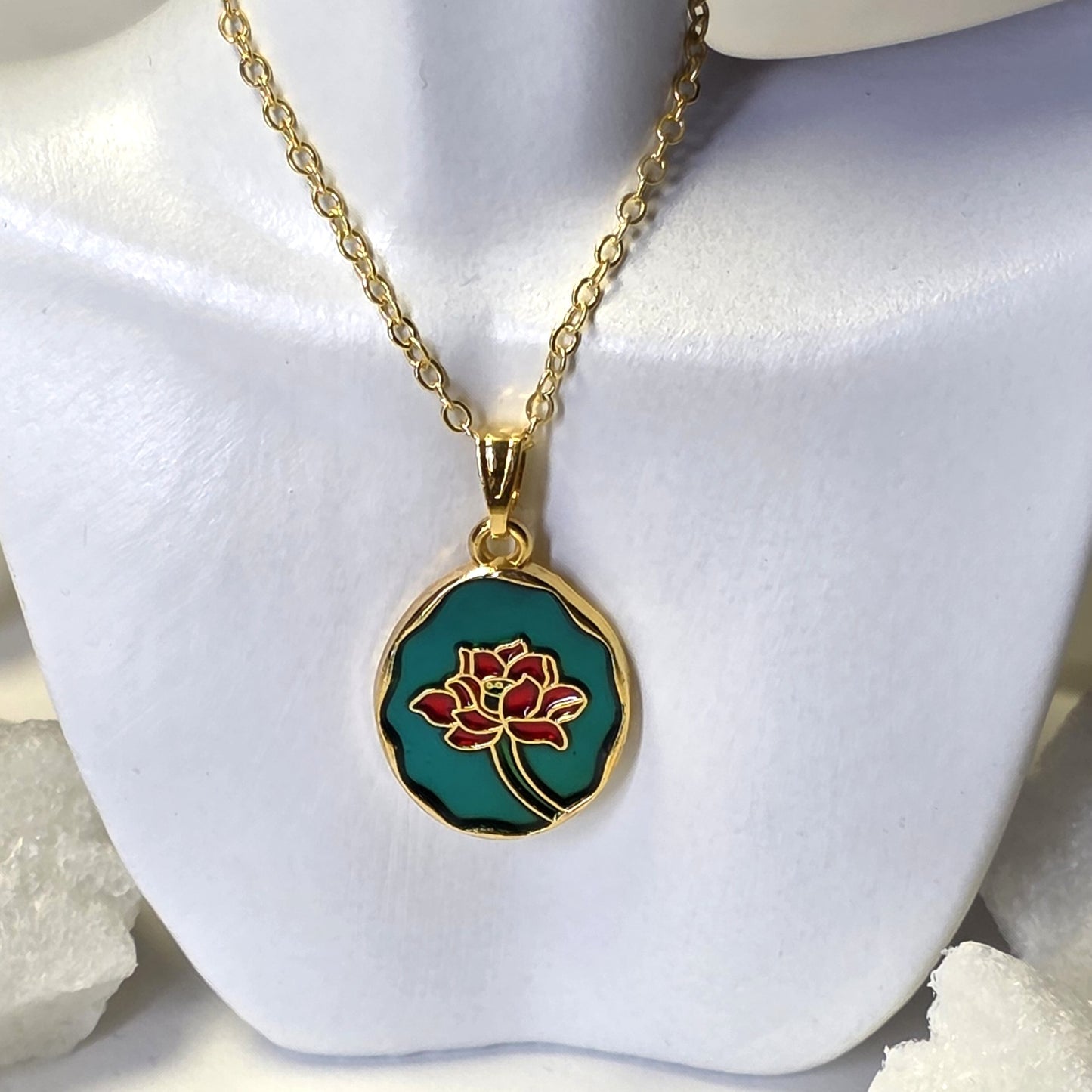 Green Enamel White Flower Medallion Golden Chain Necklace