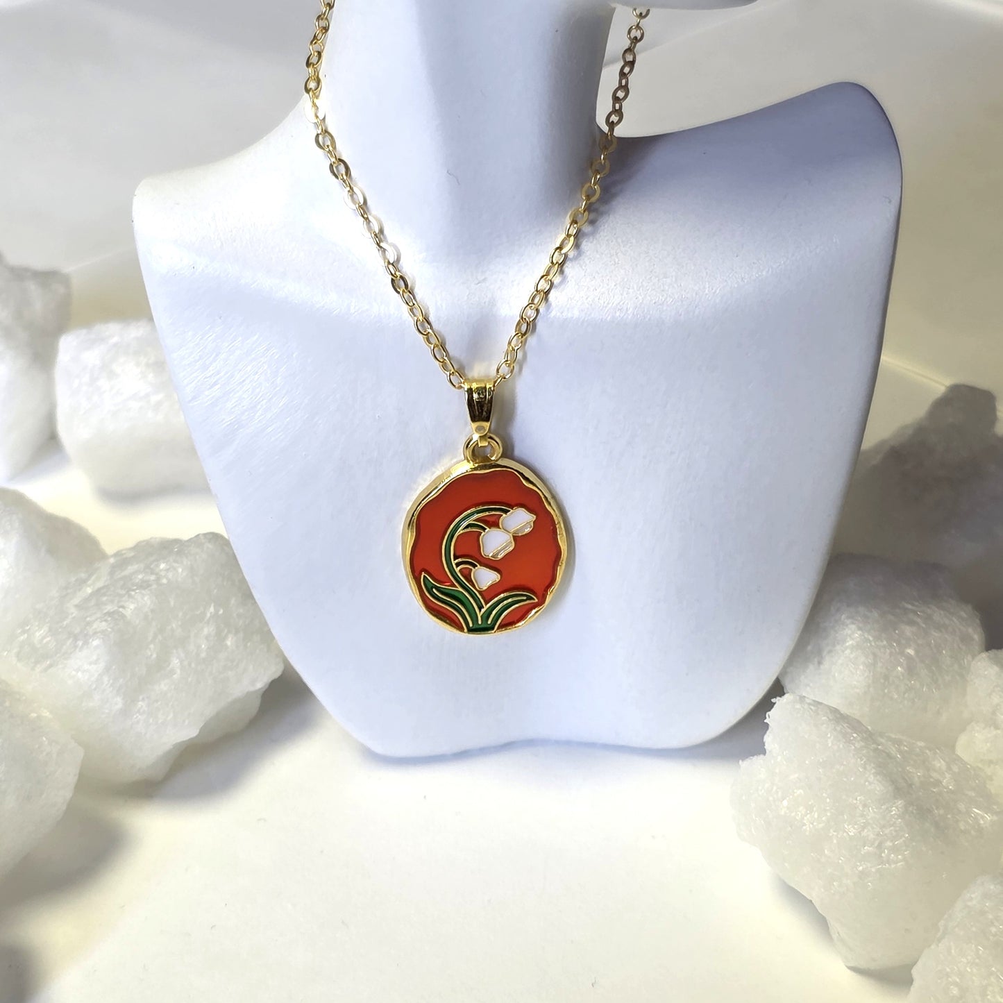 Red Enamel White Iris Medallion Golden Chain Necklace