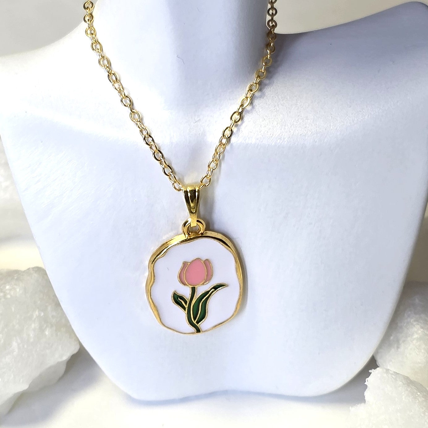 White Enamel Pink Tulip Medallion Golden Chain Necklace