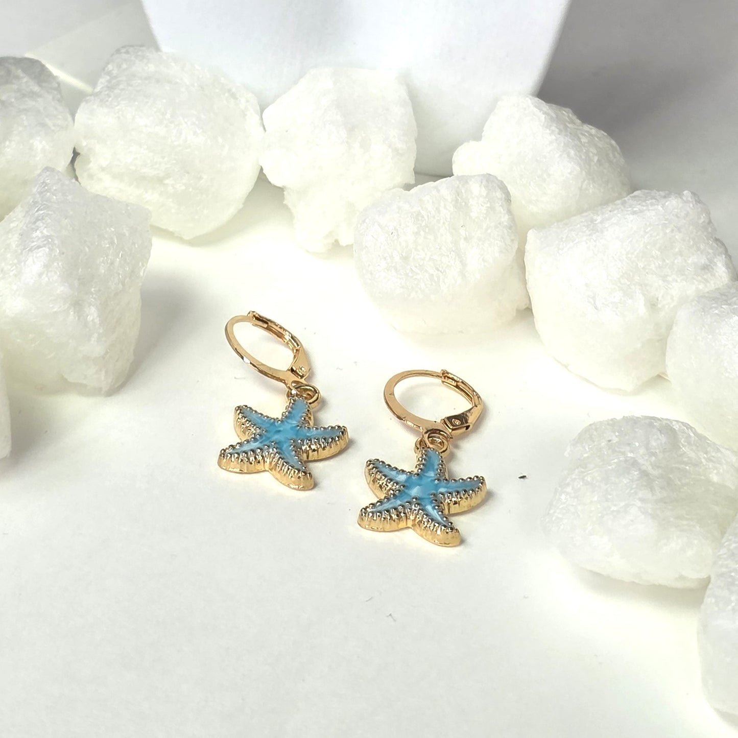 Gold Starfish Earrings with Turquoise Enamel - Ocean Inspired Lever Back Earrings
