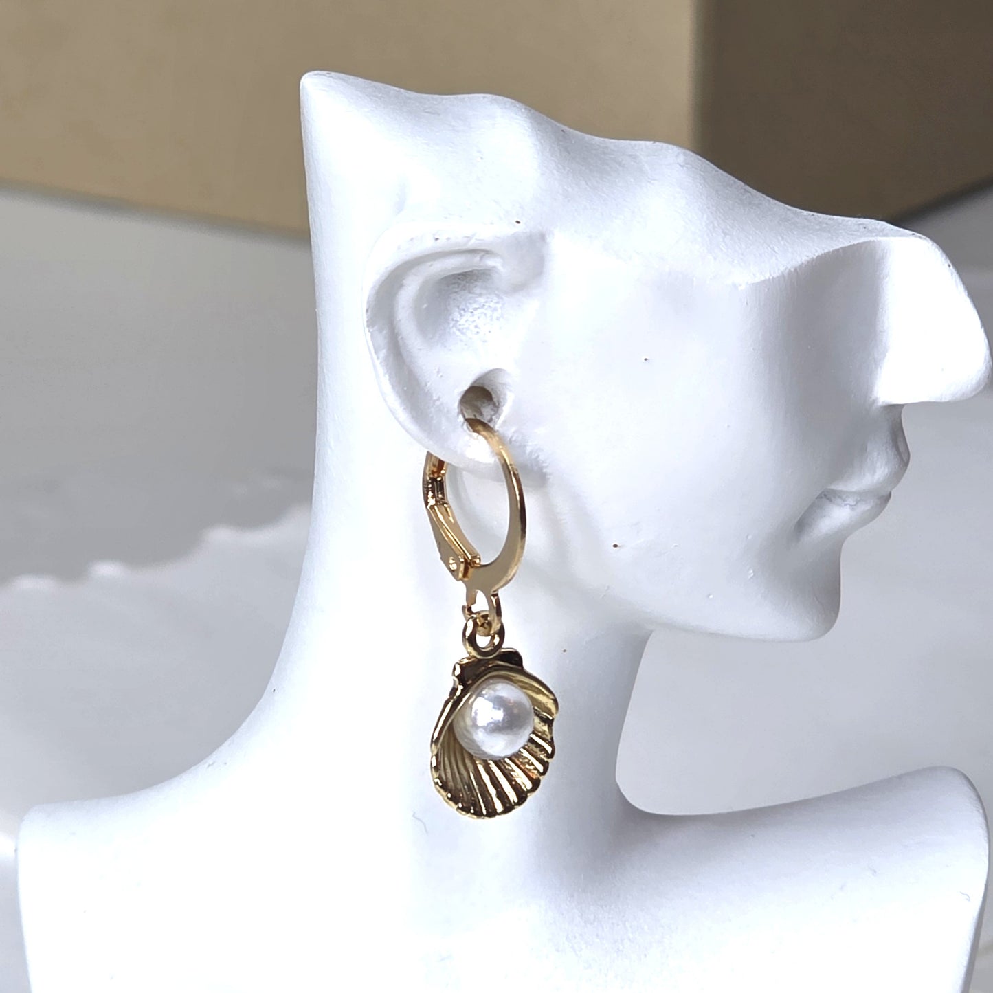 Gold Shell Earrings with Pearl - Elegant Seashell Drop Earrings with Lever Back