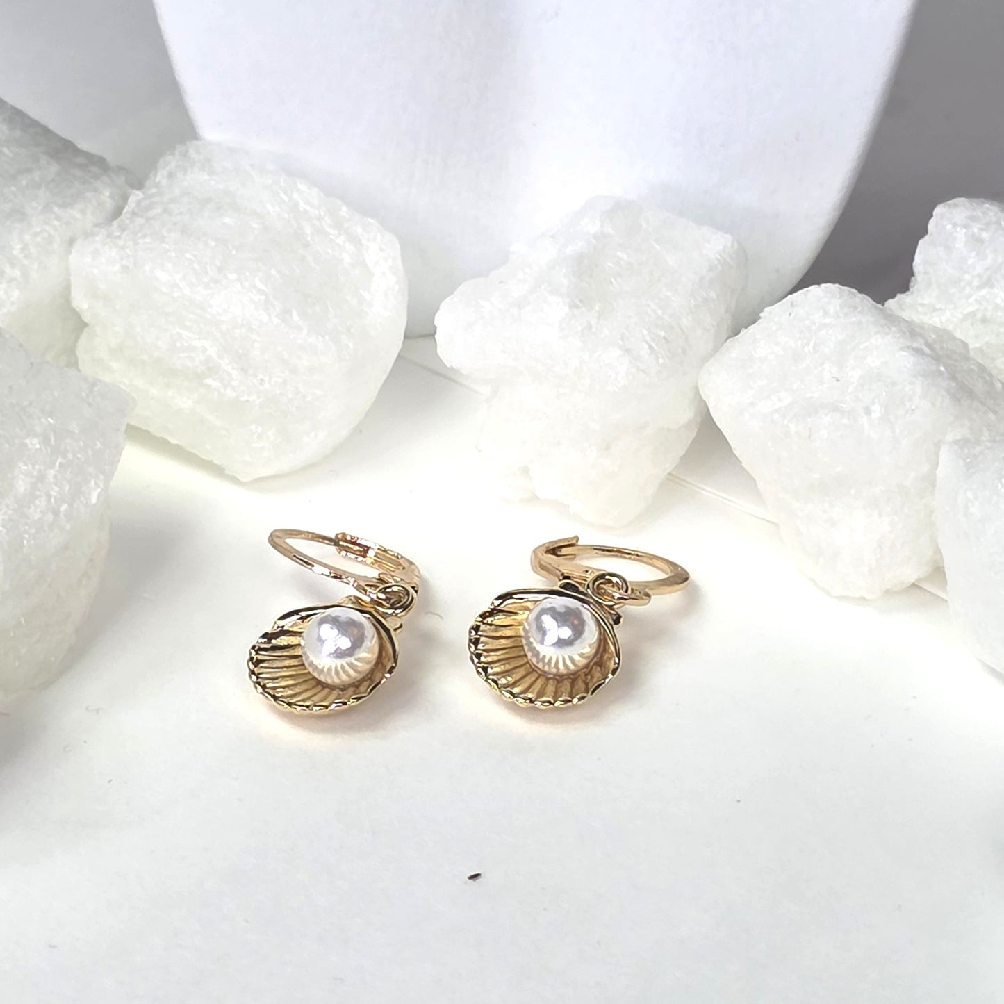 Gold Shell Earrings with Pearl - Elegant Seashell Drop Earrings with Lever Back