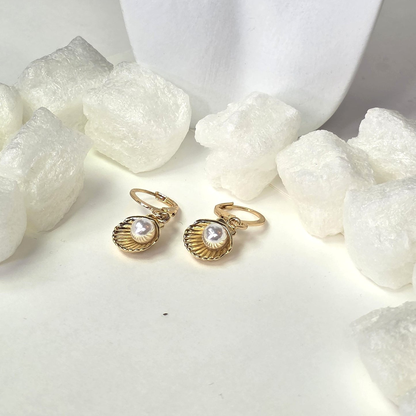 Gold Shell Earrings with Pearl - Elegant Seashell Drop Earrings with Lever Back