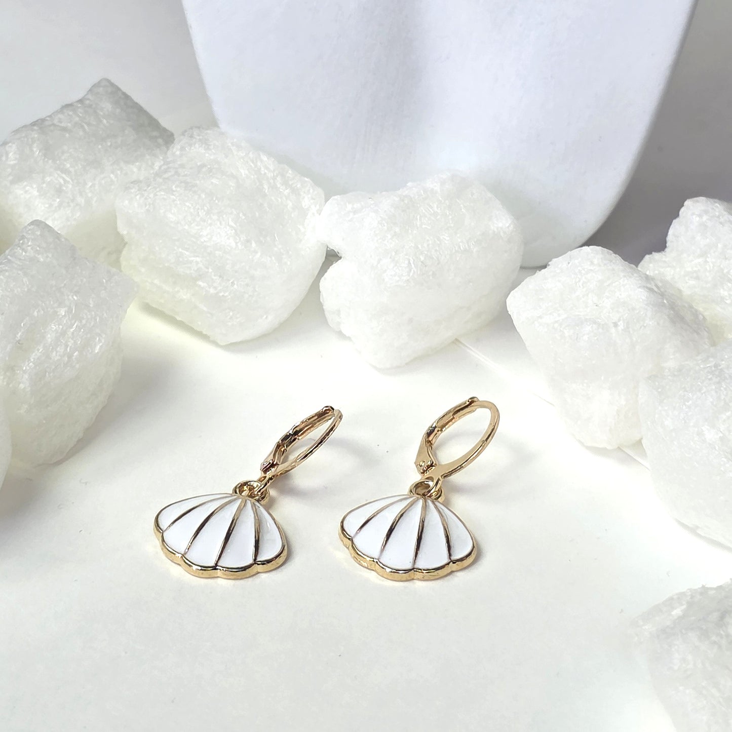 Gold Seashell Earrings with White Enamel - Classic Scallop Shell Drop Earrings with Lever Back