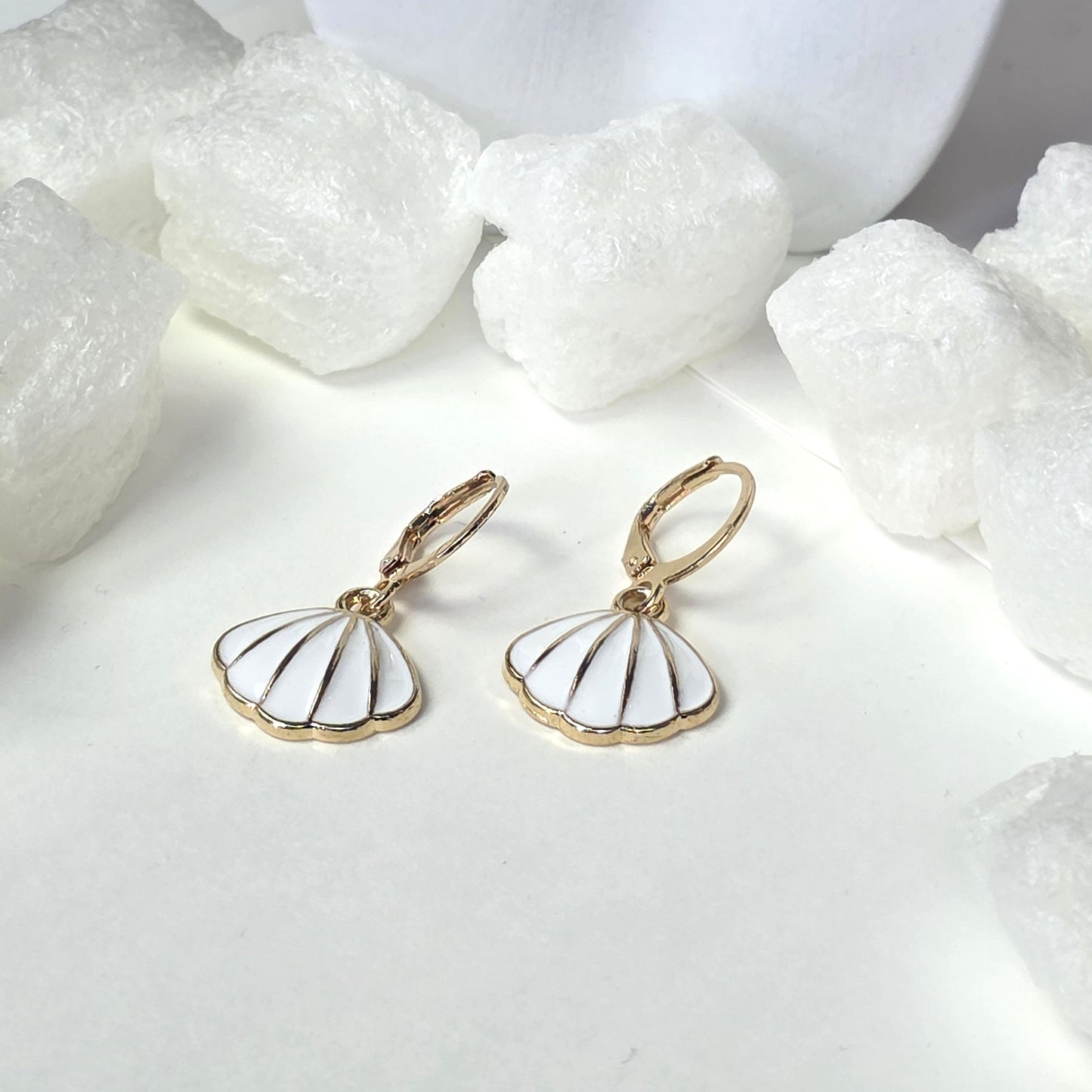 Gold Seashell Earrings with White Enamel - Classic Scallop Shell Drop Earrings with Lever Back