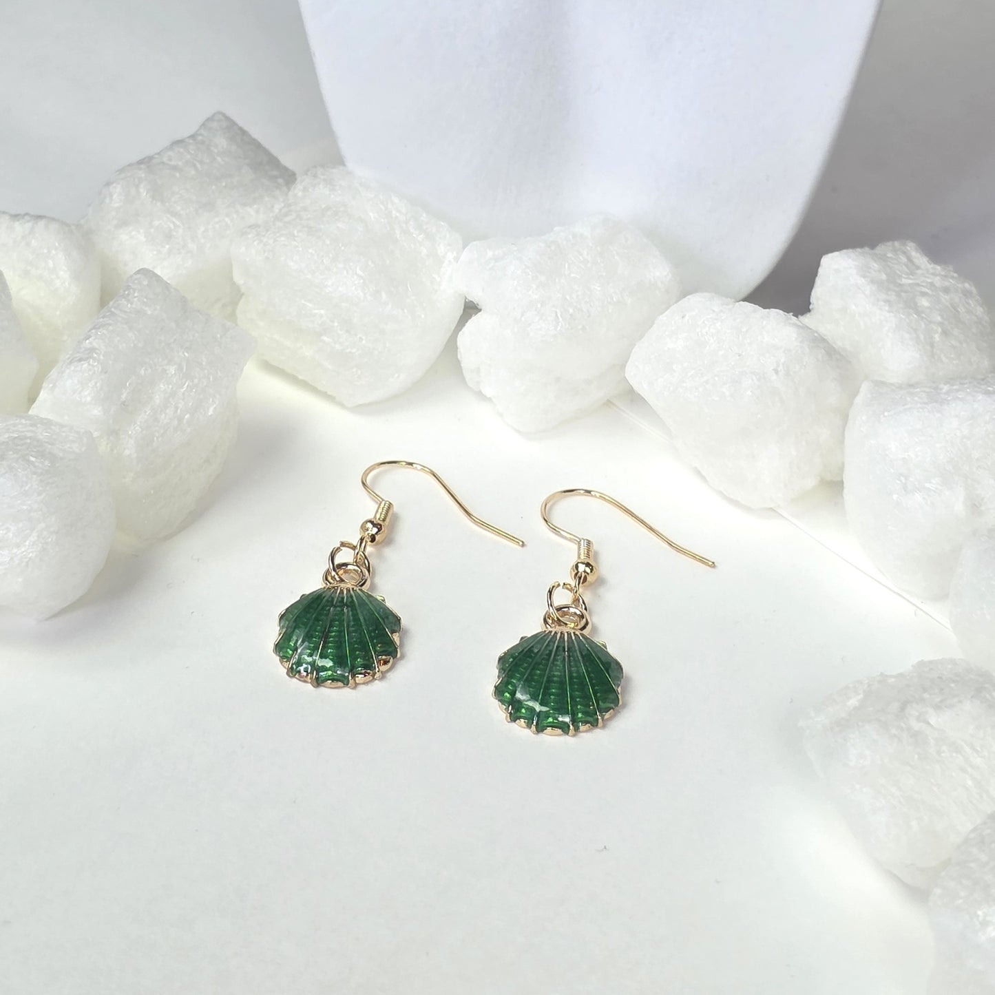 Gold Seashell Earrings with Green Enamel - Emerald Green Scallop Shell Drop Earrings with Fish Hook