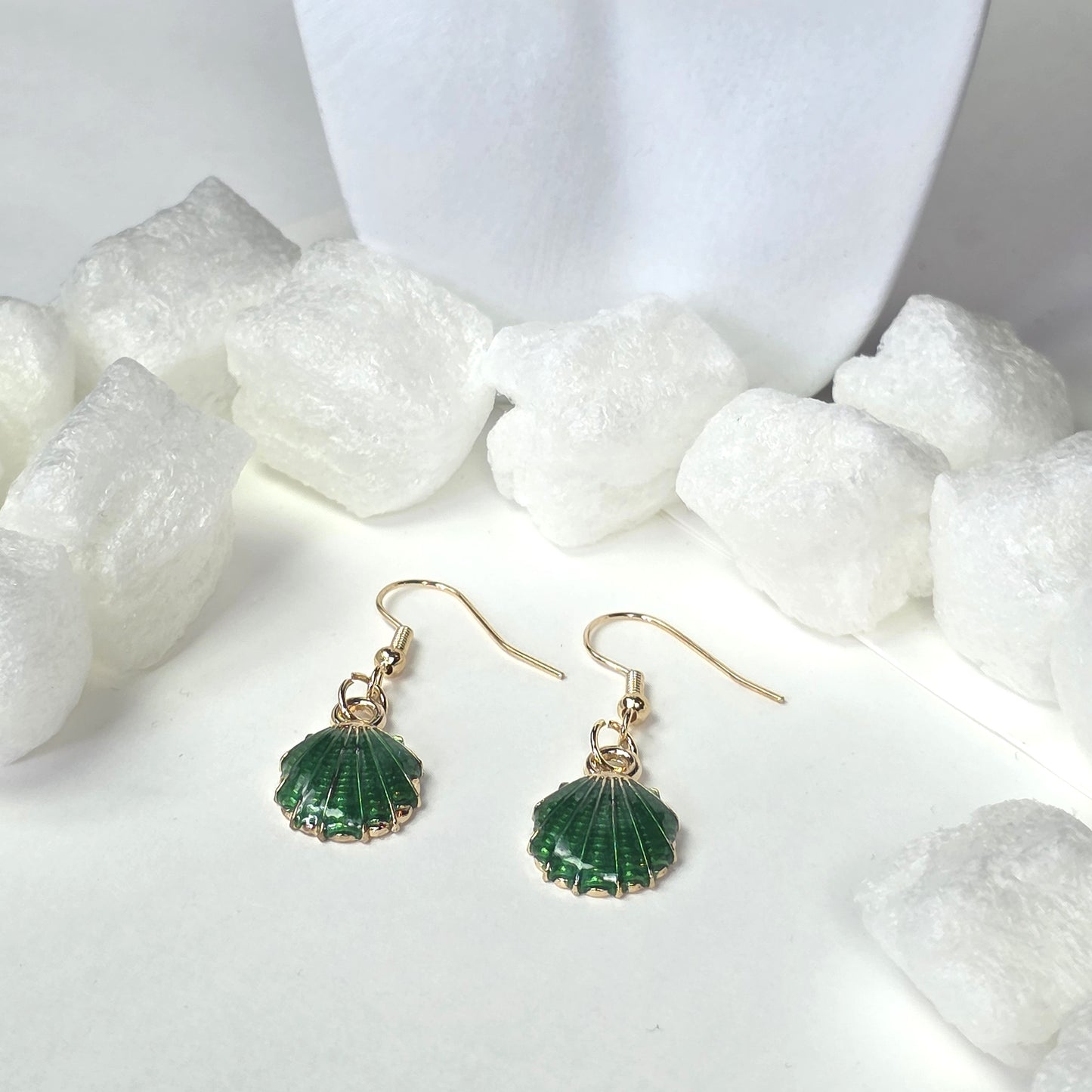 Gold Seashell Earrings with Green Enamel - Emerald Green Scallop Shell Drop Earrings with Fish Hook