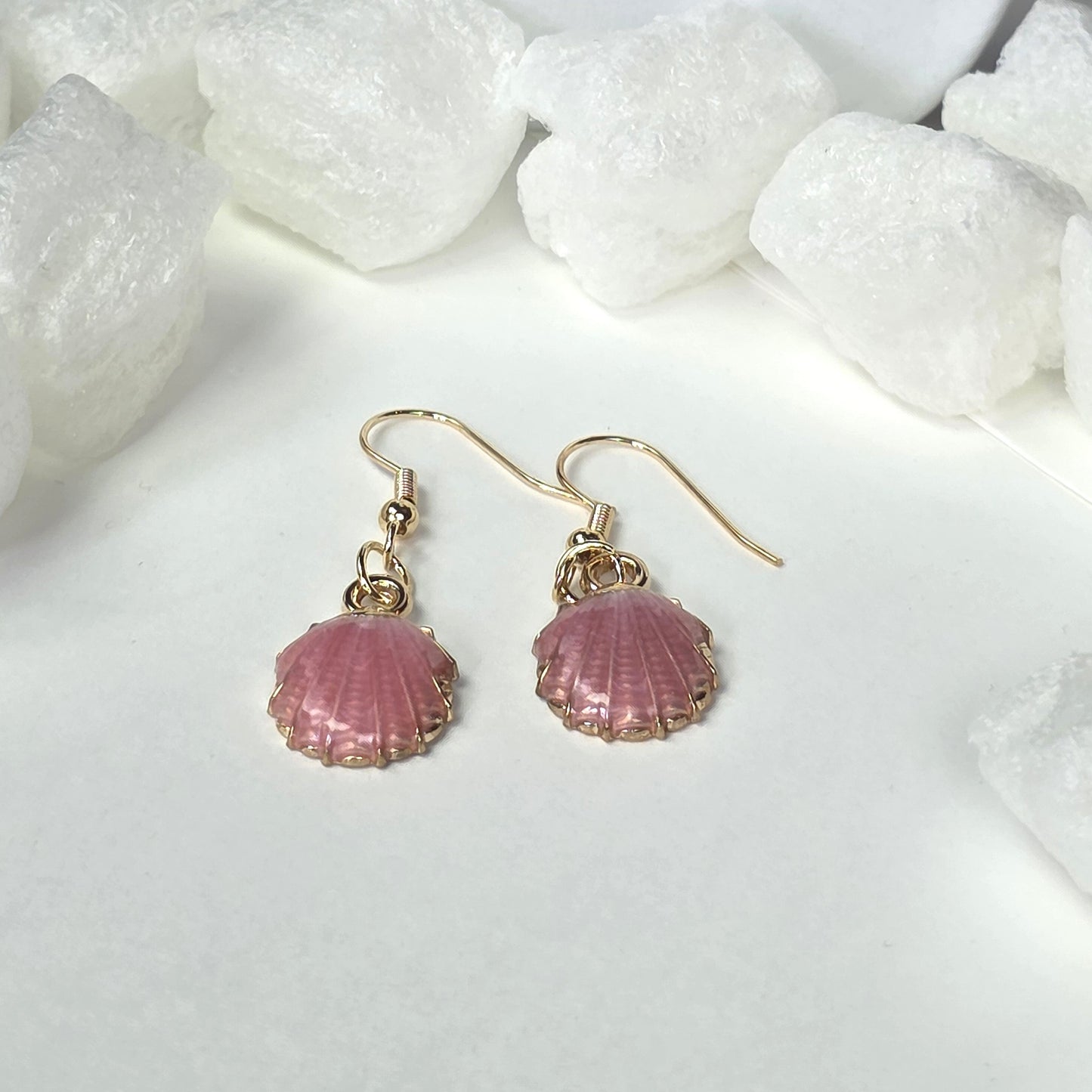 Pink Shell Drop Earrings - Gold Plated Seashell Dangle Earrings