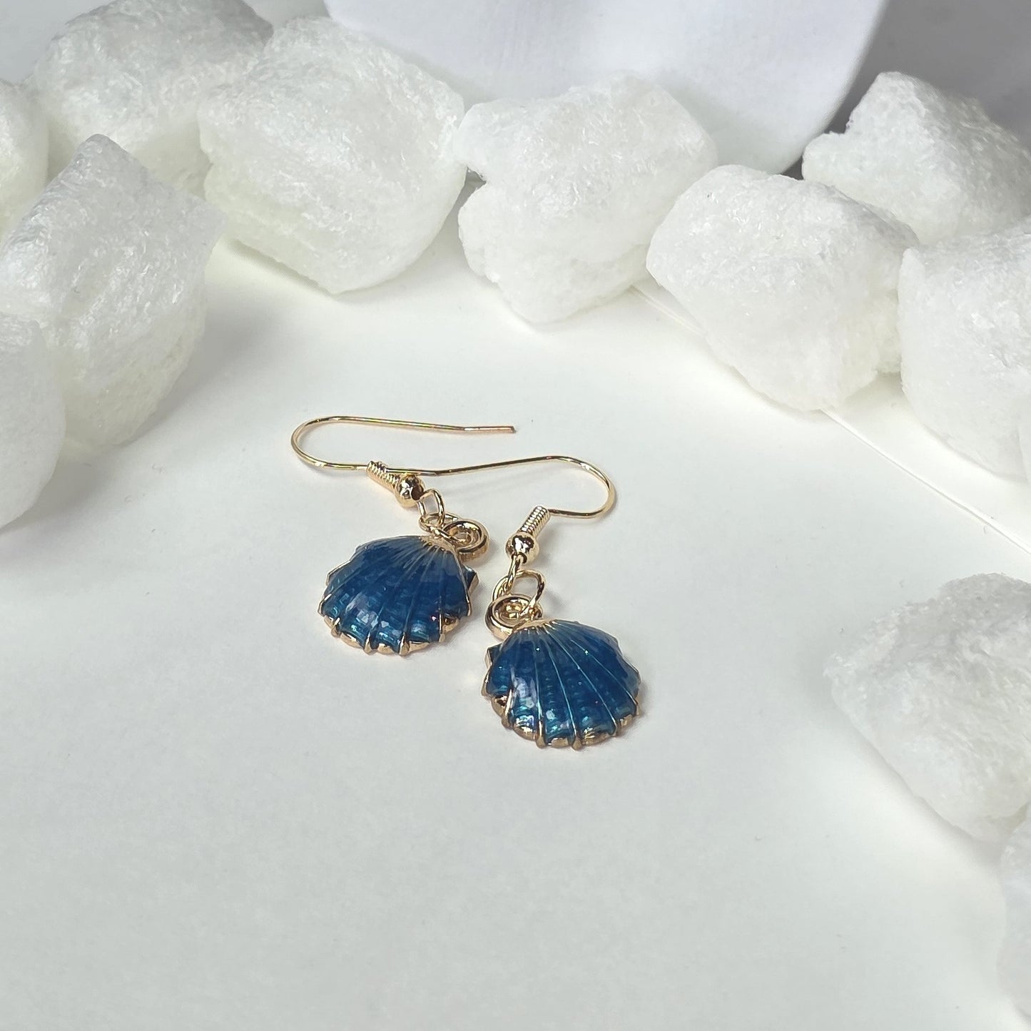 Blue Shell Drop Earrings - Gold Plated Ocean Seashell Dangle Earrings