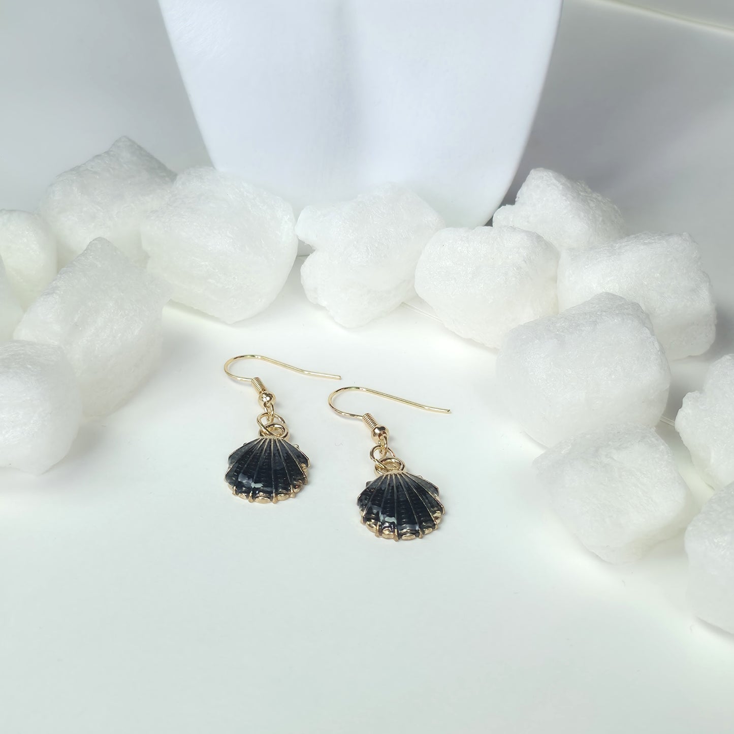Black Shell Drop Earrings - Gold Plated Dark Seashell Dangle Earrings