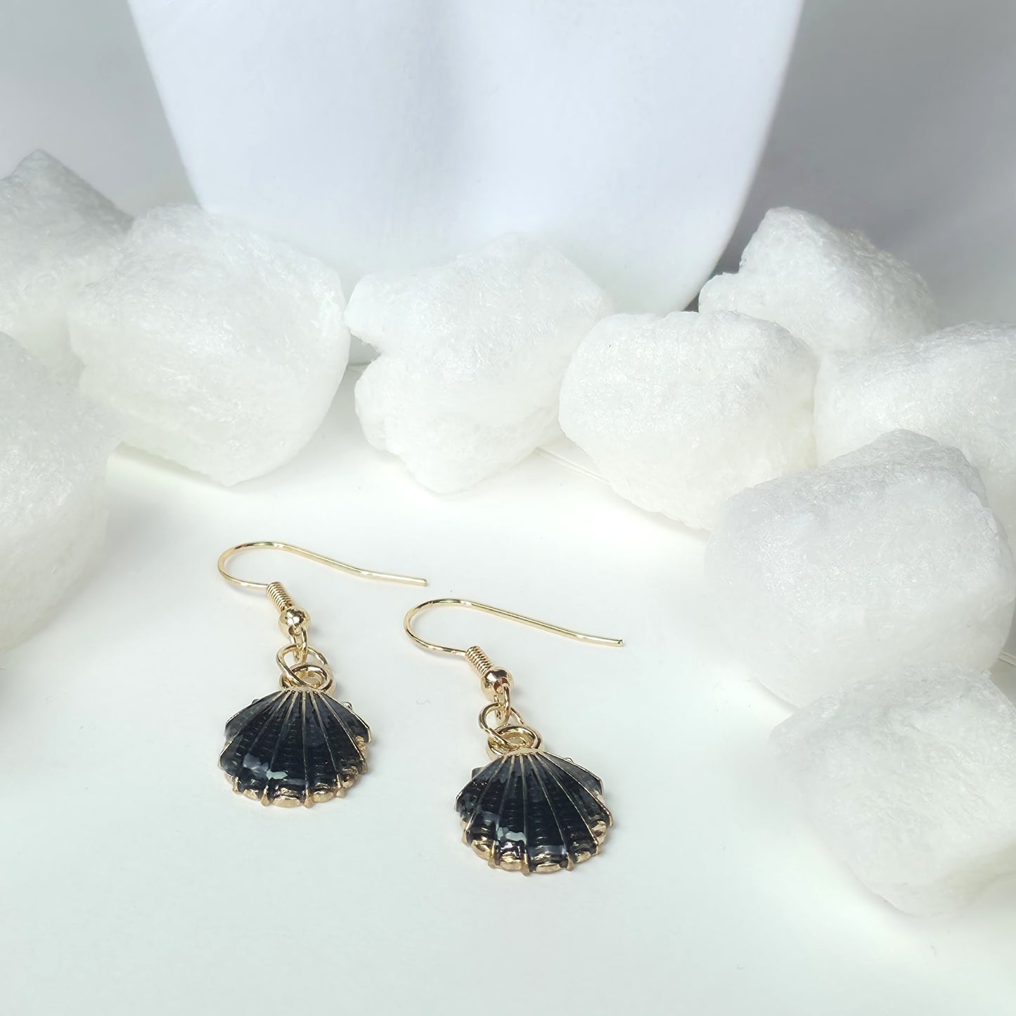 Black Shell Drop Earrings - Gold Plated Dark Seashell Dangle Earrings