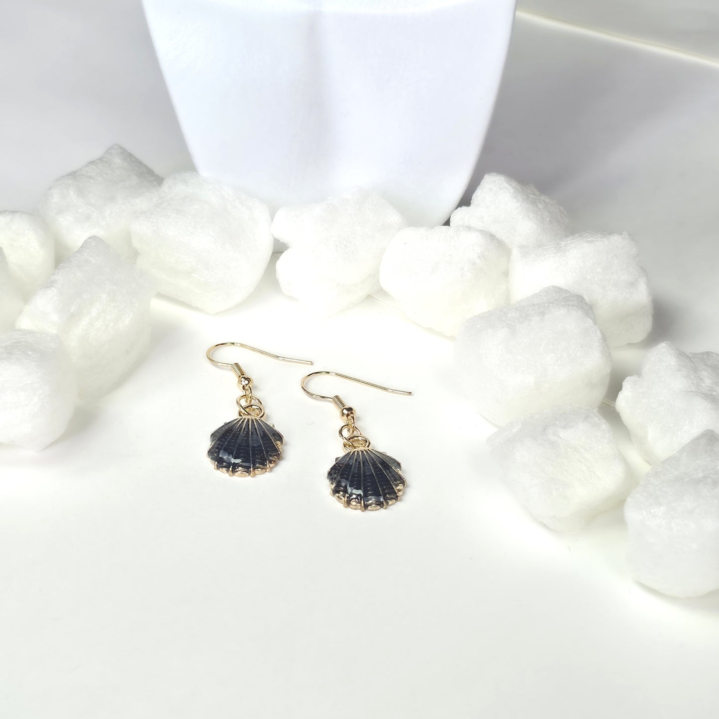 Black Shell Drop Earrings - Gold Plated Dark Seashell Dangle Earrings