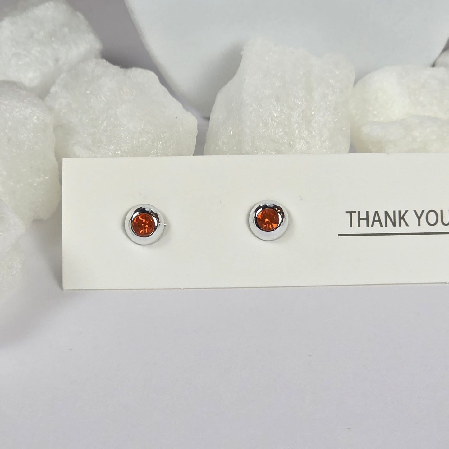 Orange Crystal Silver Frame Round Stud Earrings