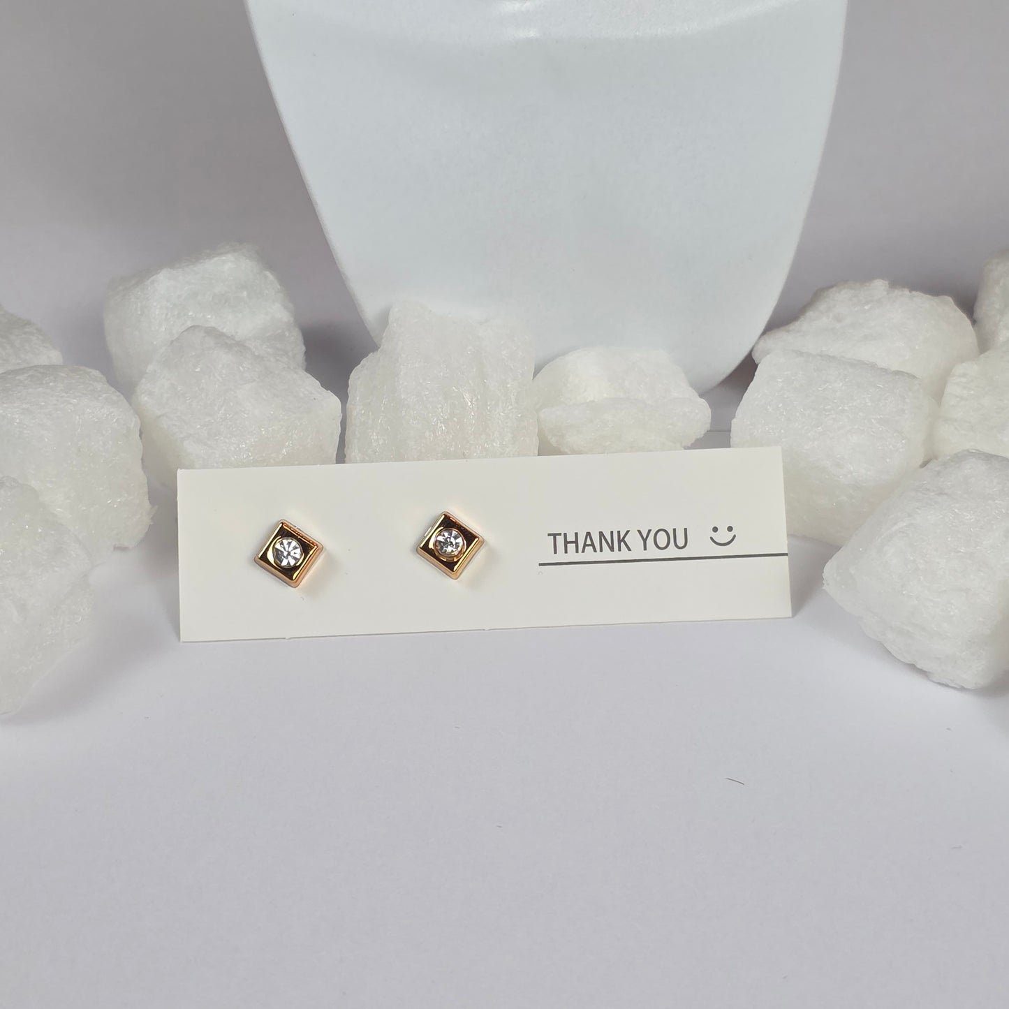 Gold Square Crystal Center Stud Earrings