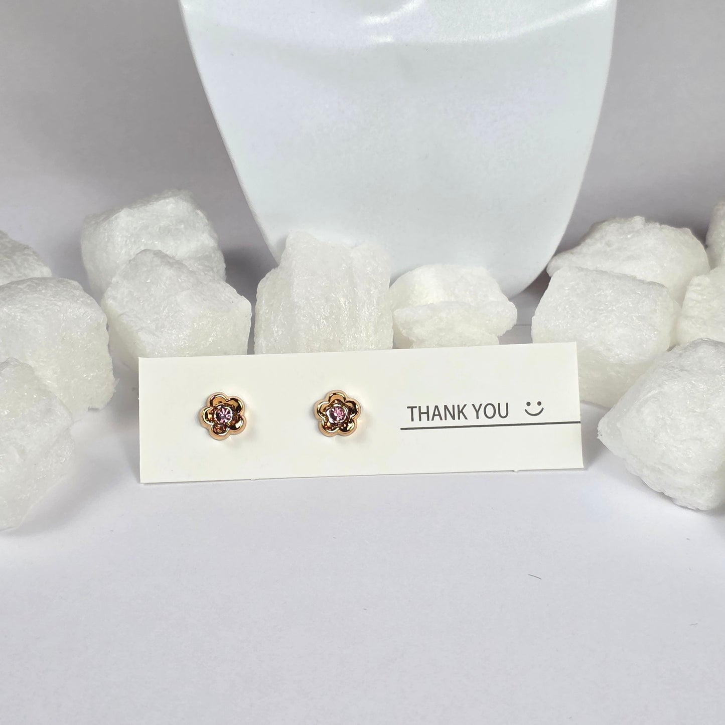 Gold Flower Pink Crystal Center Stud Earrings