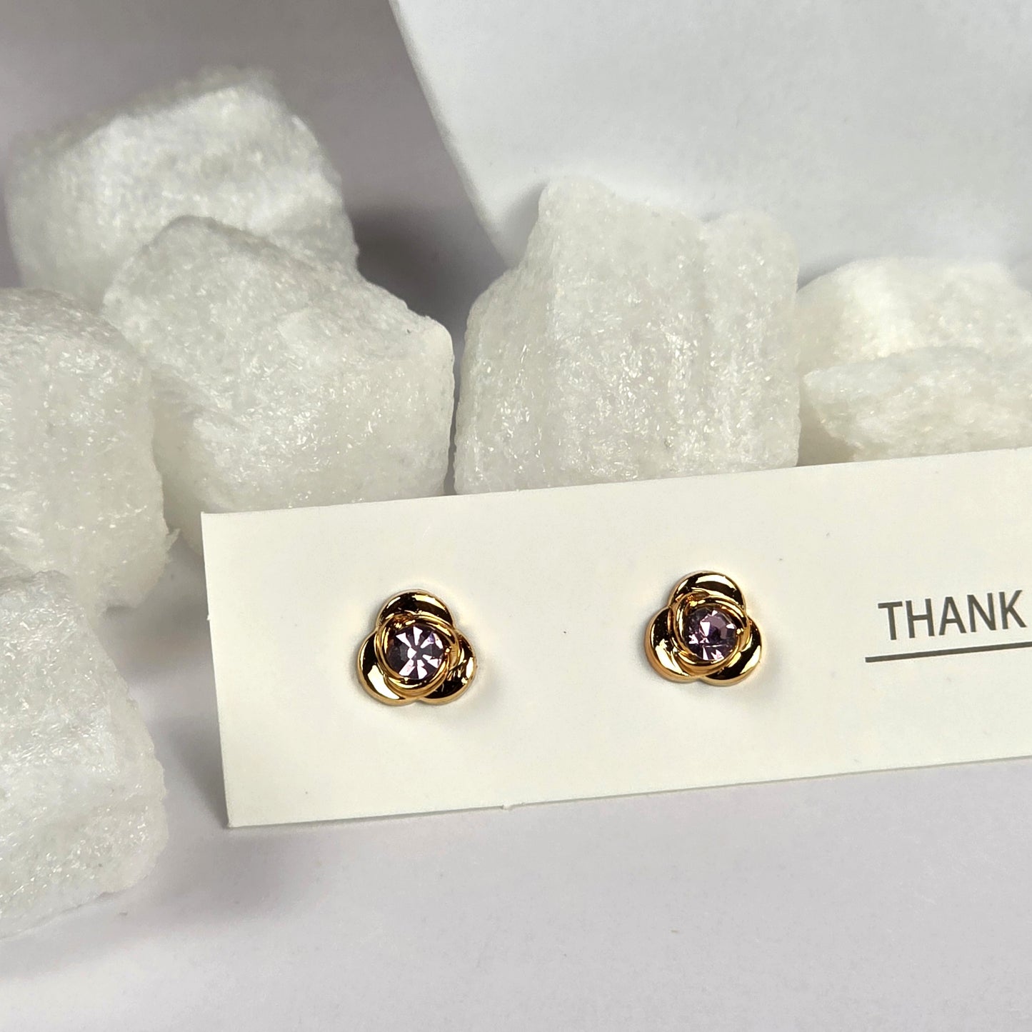 Gold Rose Purple Crystal Center Stud Earrings