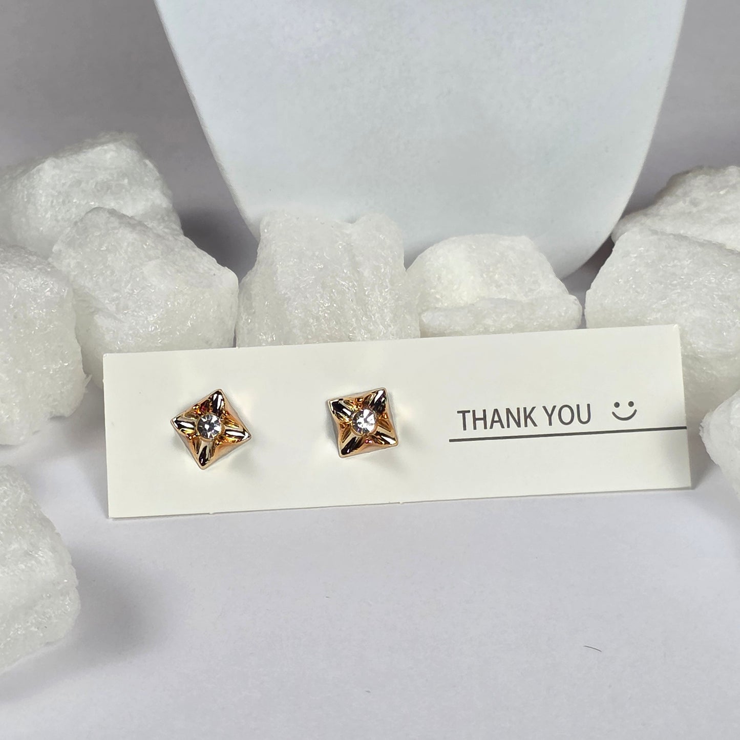 Gold Diamond-Cut Square Crystal Center Stud Earrings