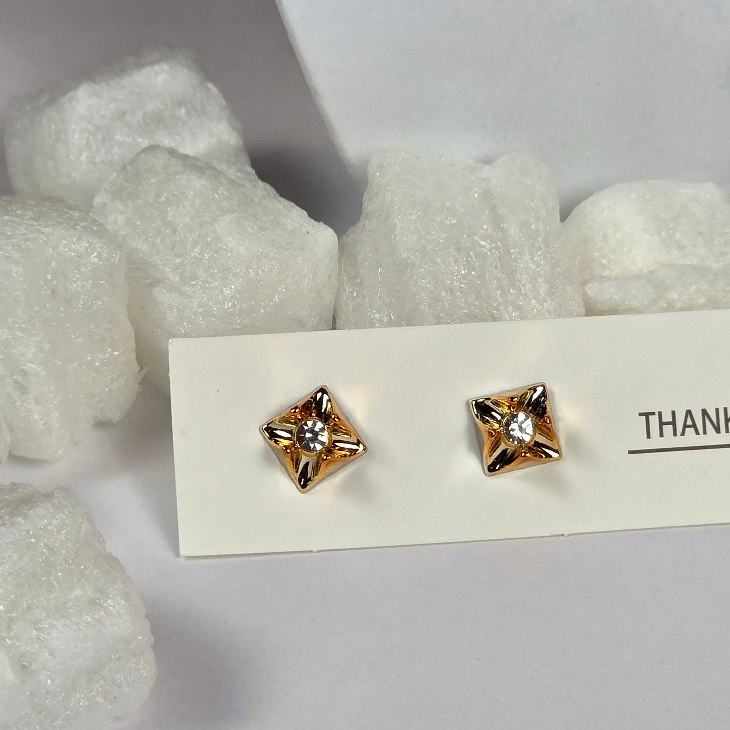 Gold Diamond-Cut Square Crystal Center Stud Earrings