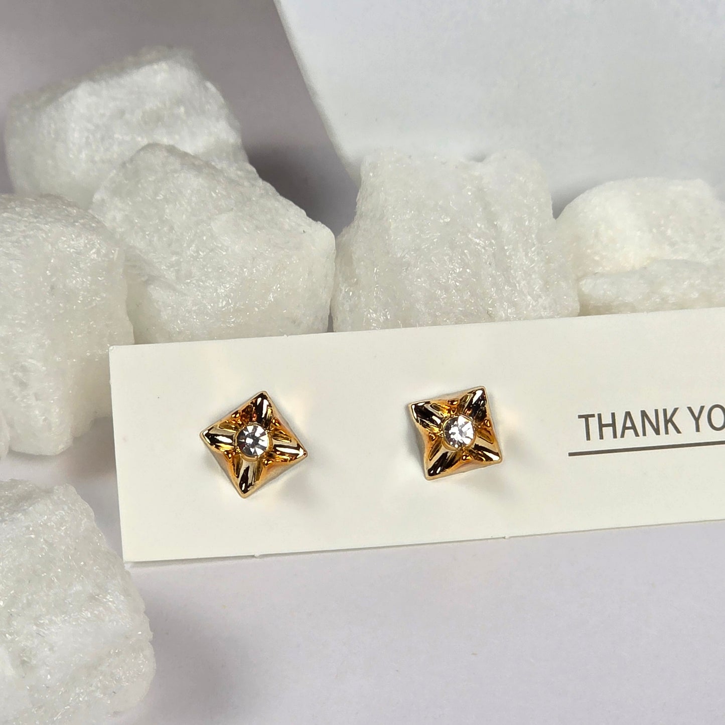 Gold Diamond-Cut Square Crystal Center Stud Earrings
