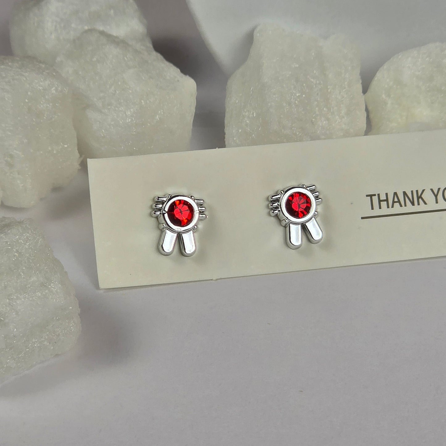 Silver Flower Red Crystal Center Stud Earrings