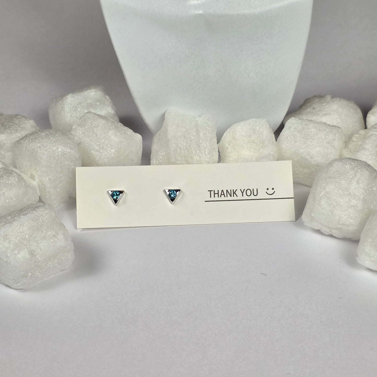 Silver Triangle Blue Crystal Stud Earrings