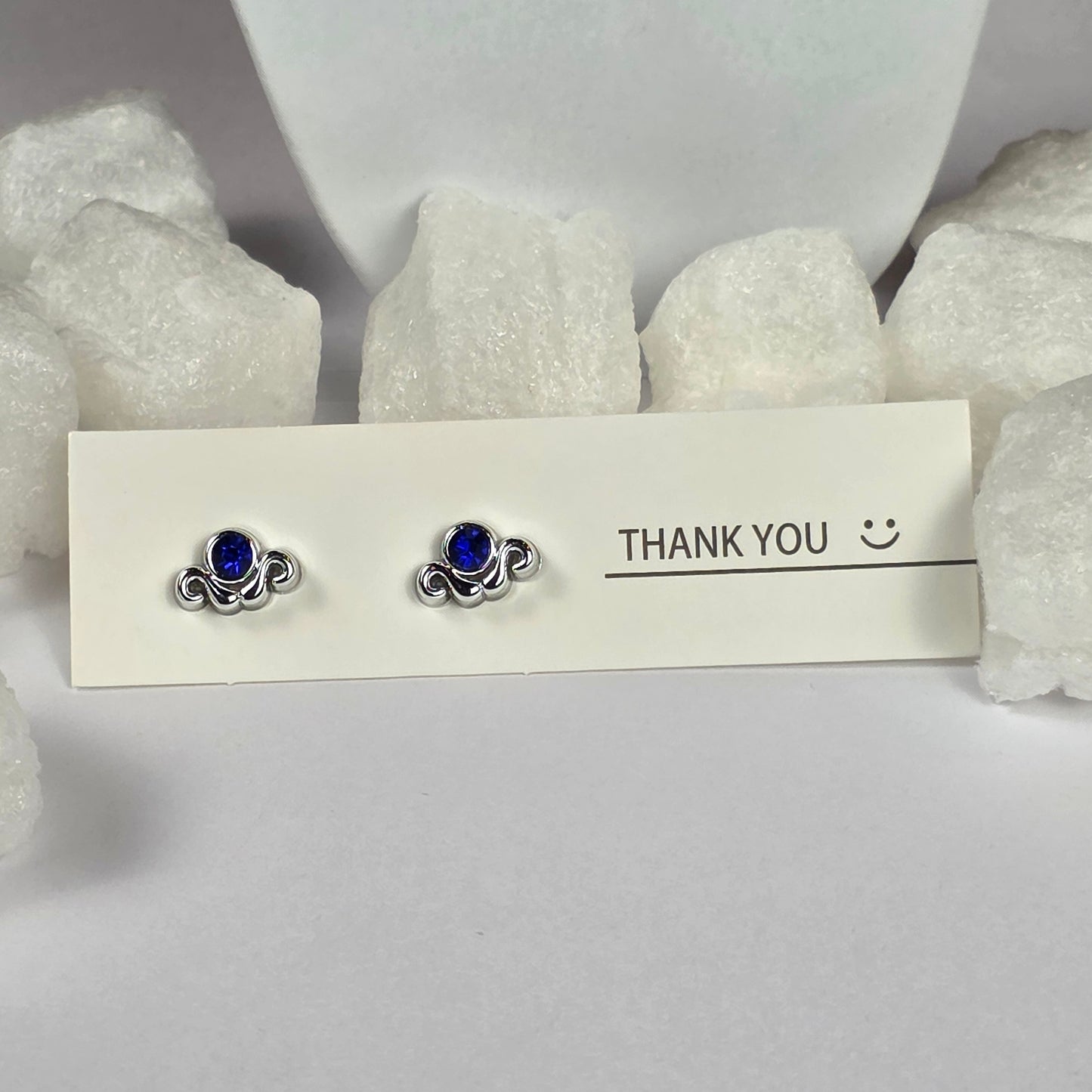 Silver Swirl Blue Crystal Center Stud Earrings A48