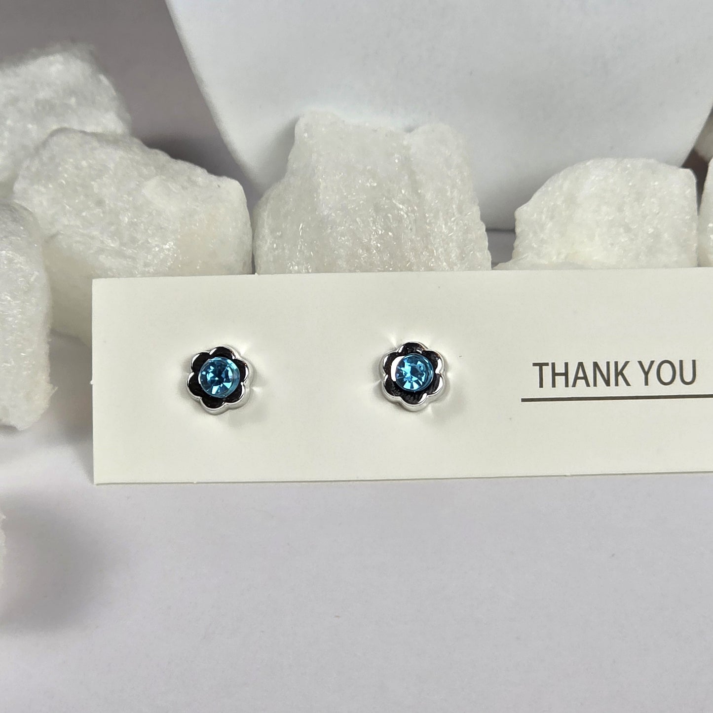 Silver Flower Blue Crystal Center Stud Earrings A43