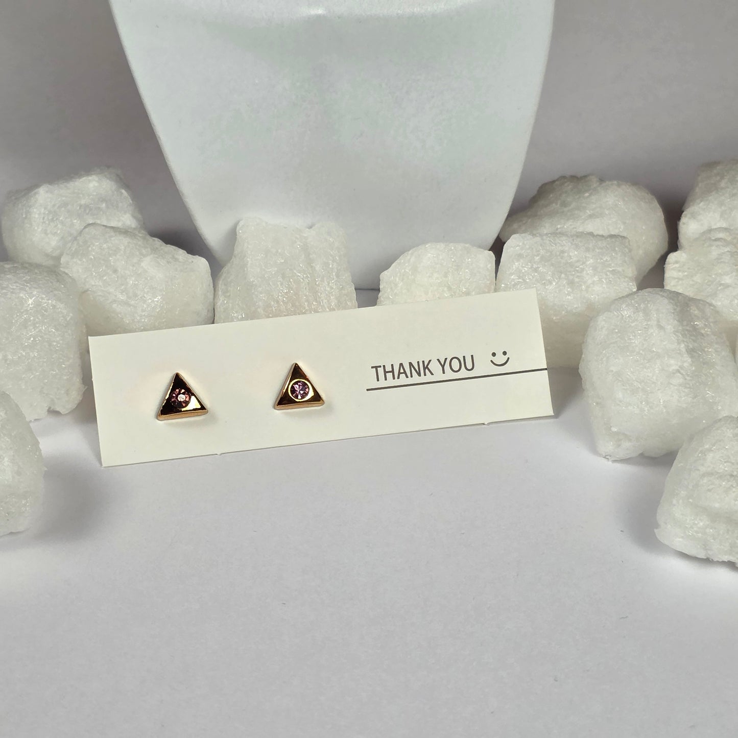 Gold Triangle Black Enamel Pink Crystal Stud Earrings A41