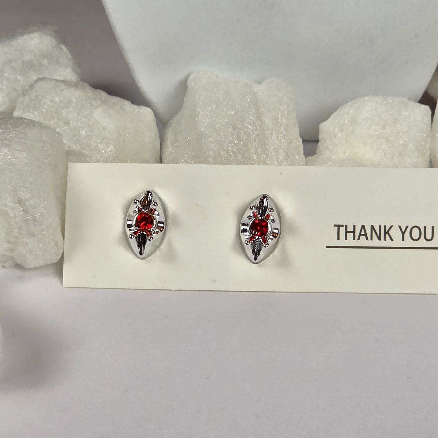 Silver Marquise Red Crystal Ornate Stud Earrings A38