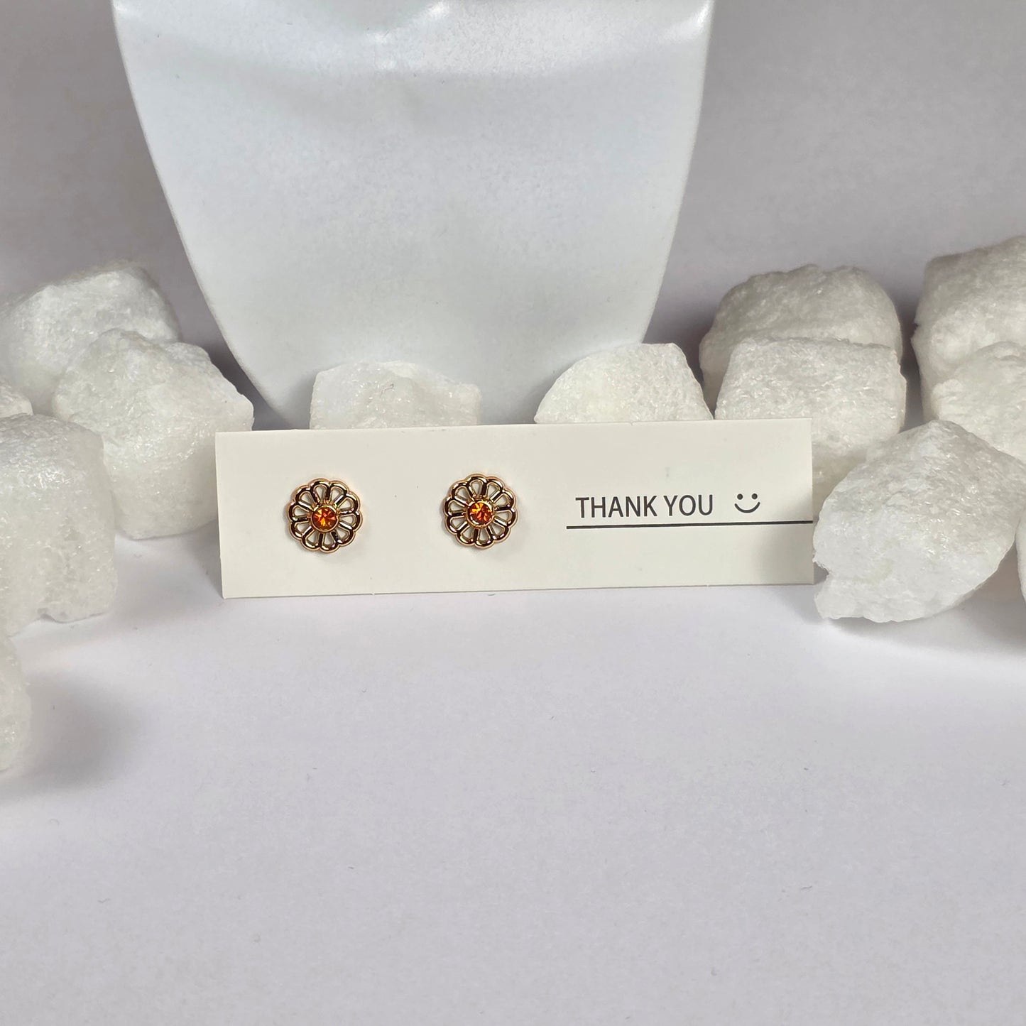 Gold Flower Orange Crystal Stud Earrings A22