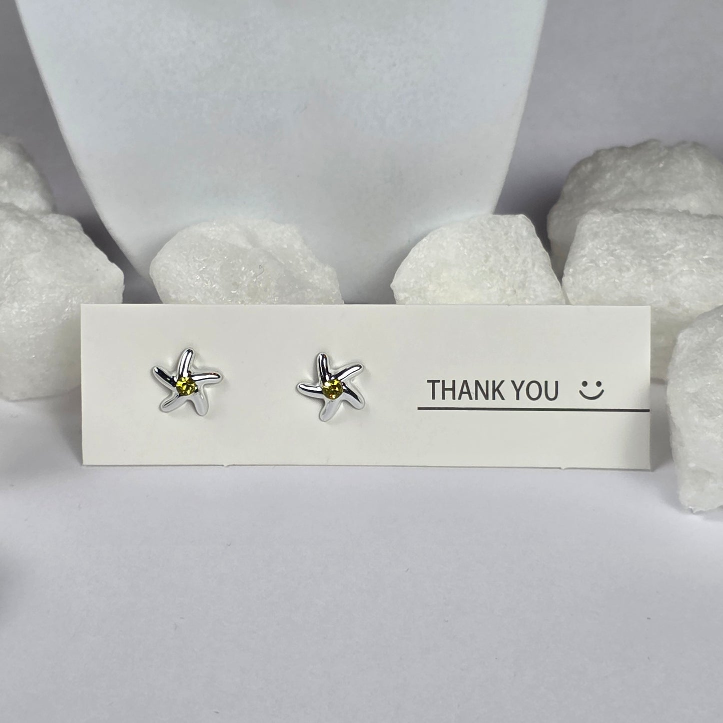 Silver Starfish Yellow Crystal Stud Earrings A19