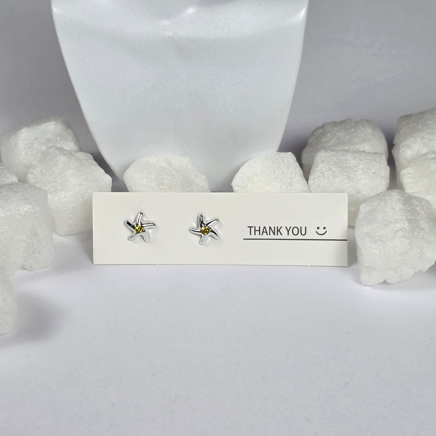 Silver Starfish Yellow Crystal Stud Earrings A19