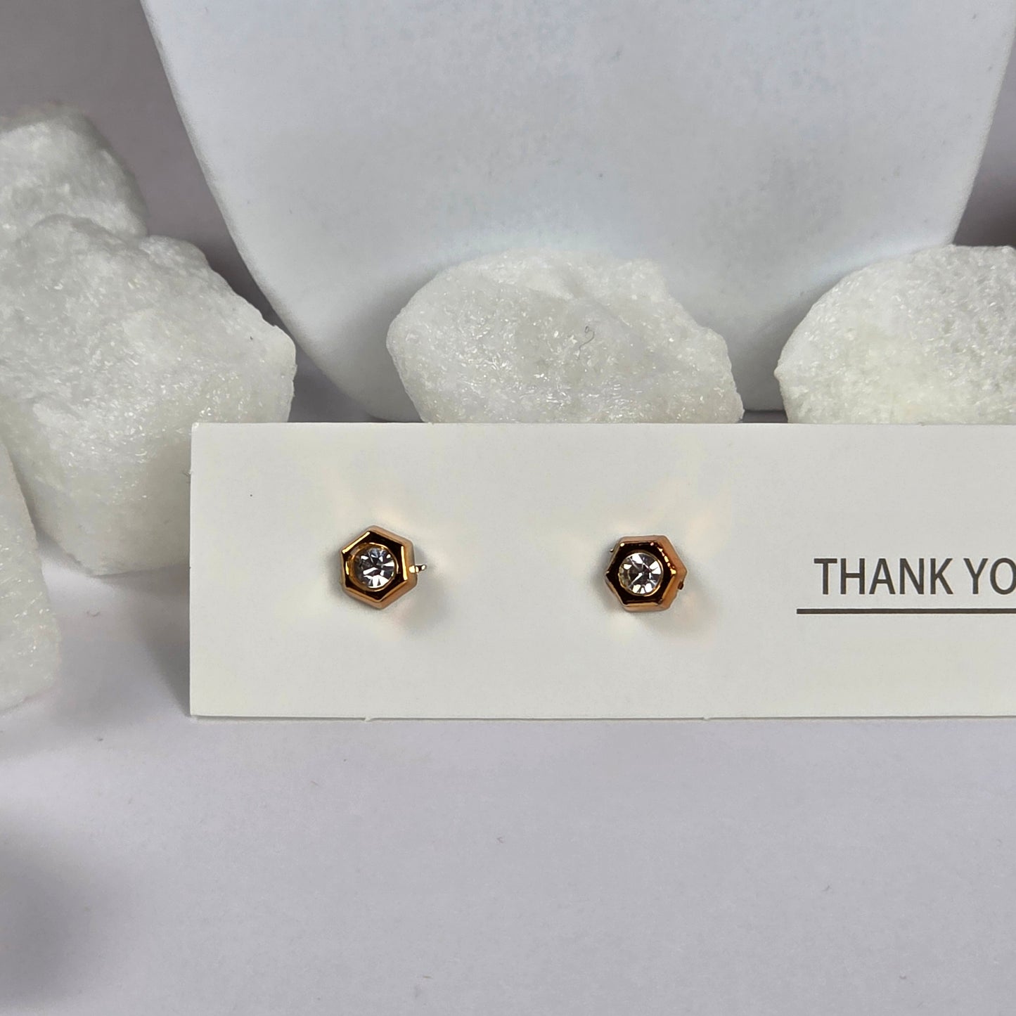Gold Hexagon Clear Crystal Stud Earrings A17