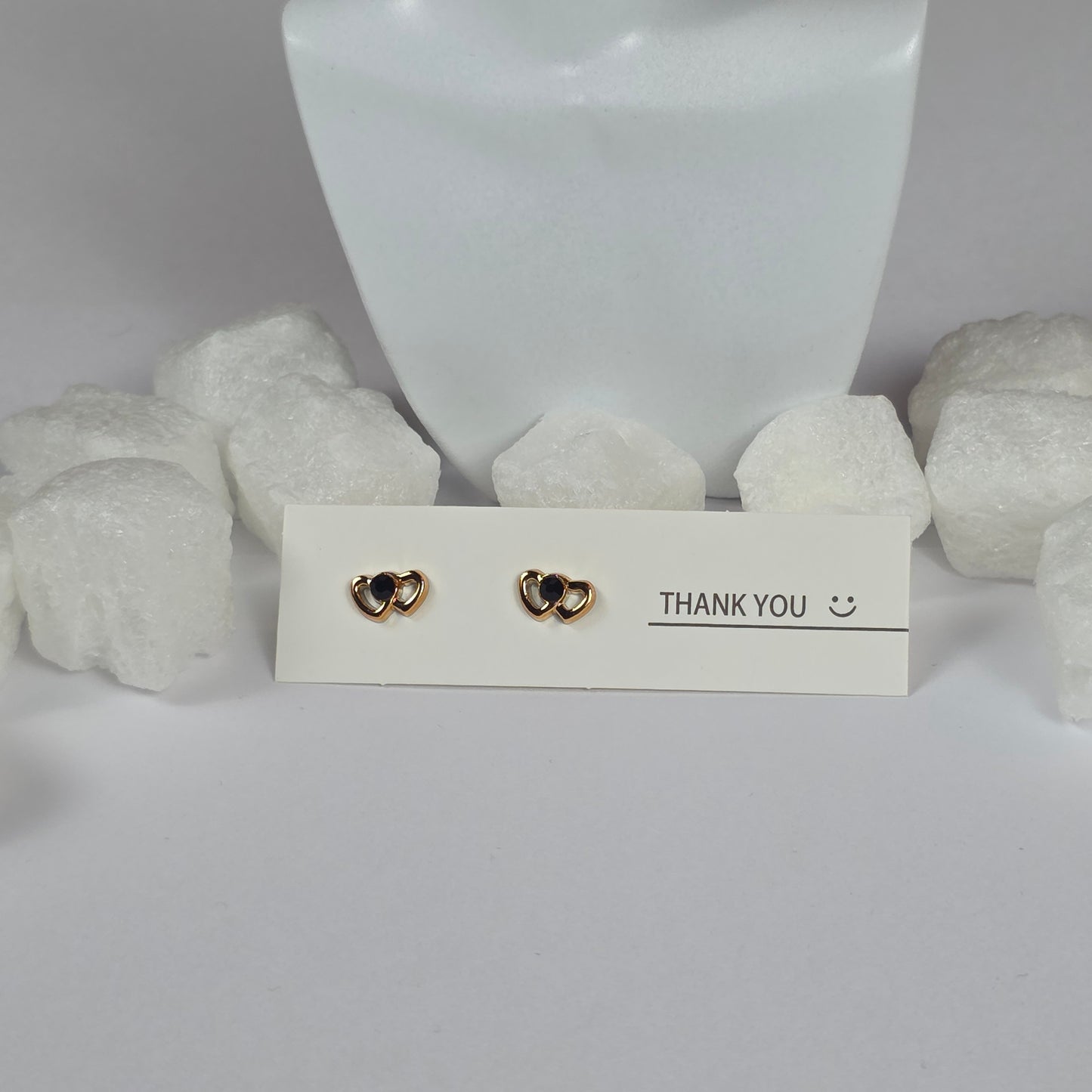 Gold Double Heart Black Enamel Stud Earrings A15