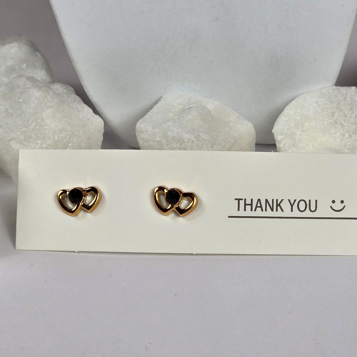 Gold Double Heart Black Enamel Stud Earrings A15