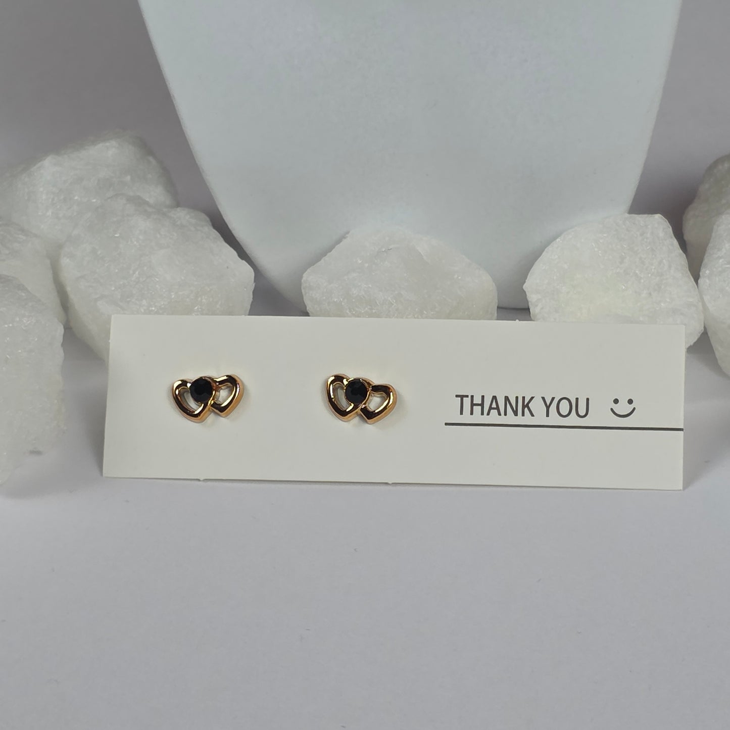 Gold Double Heart Black Enamel Stud Earrings A15