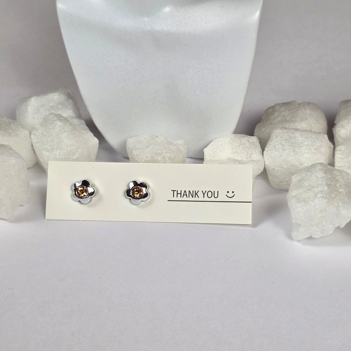 Silver Flower Brown Crystal Stud Earrings A13