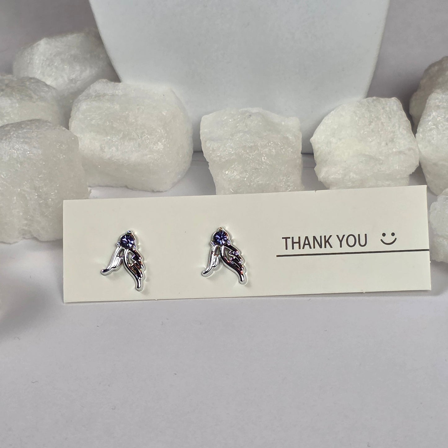 Silver Angel Wing Purple Crystal Stud Earrings A8