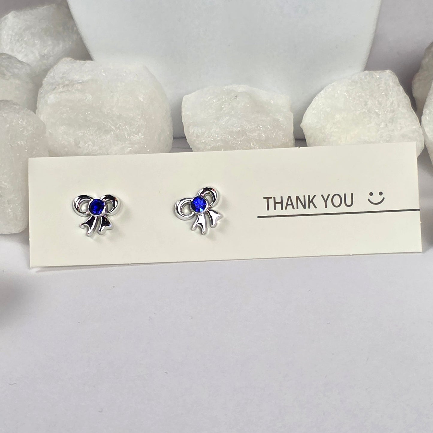 Silver Bow Blue Crystal Stud Earrings A7