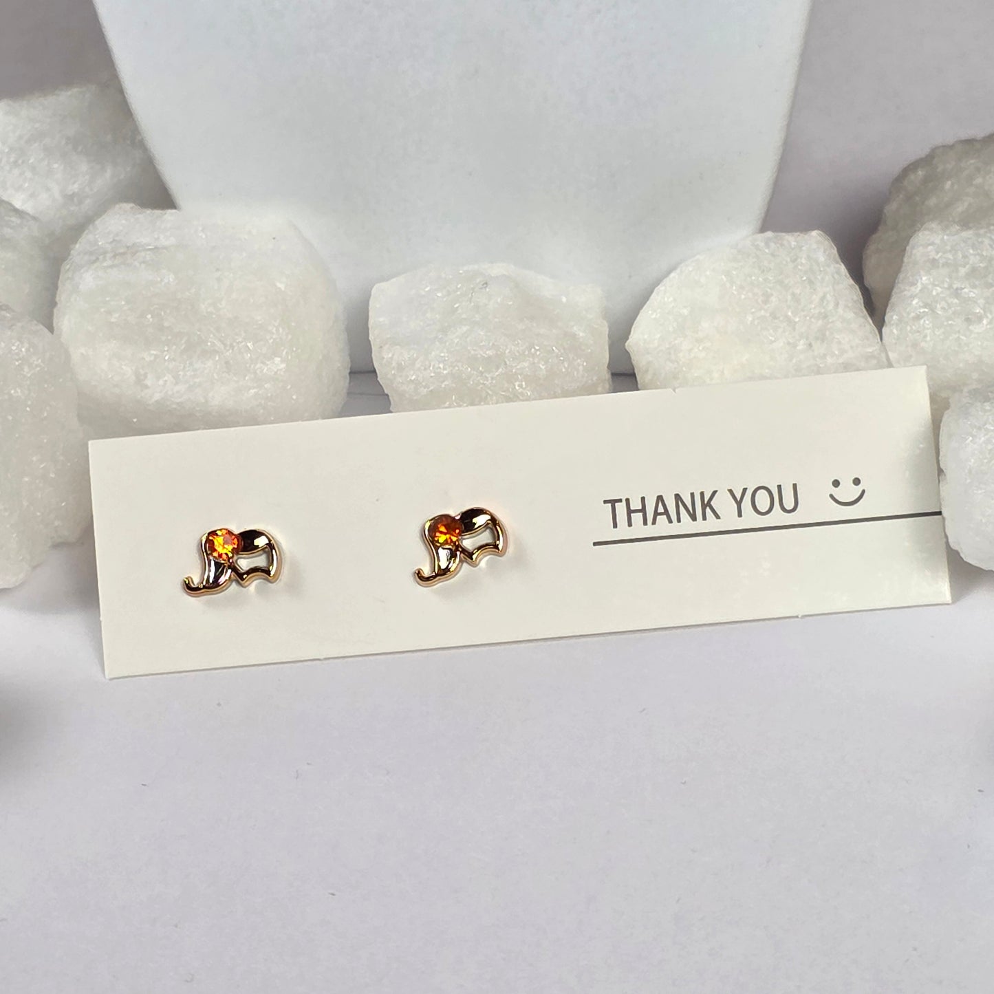 Gold Elephant Orange Crystal Stud Earrings A6