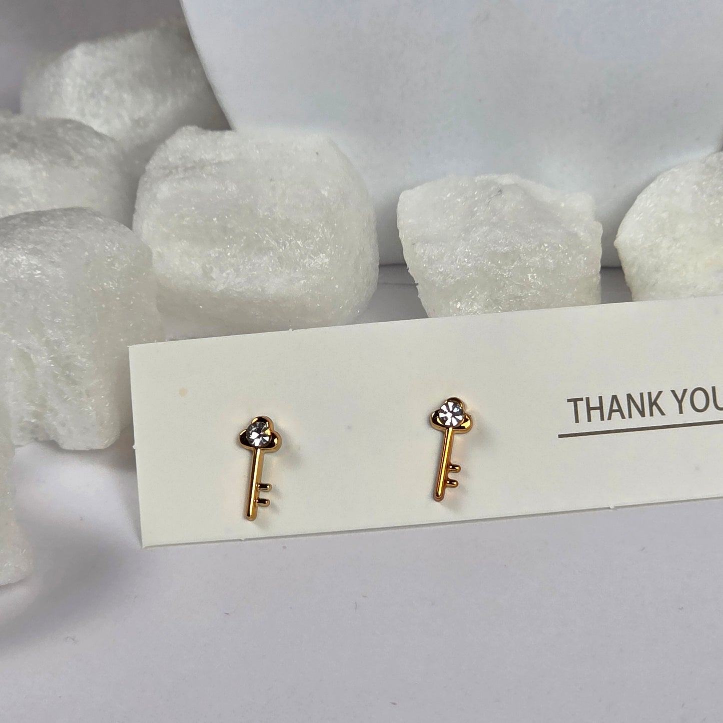Gold Key Clear Crystal Stud Earrings A5