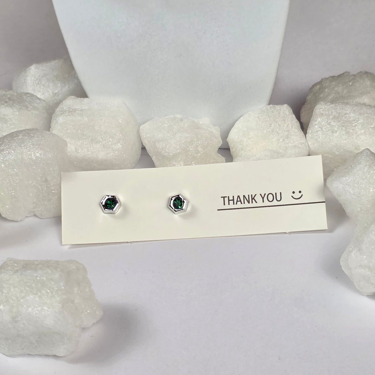 Silver Hexagon Green Crystal Stud Earrings A4