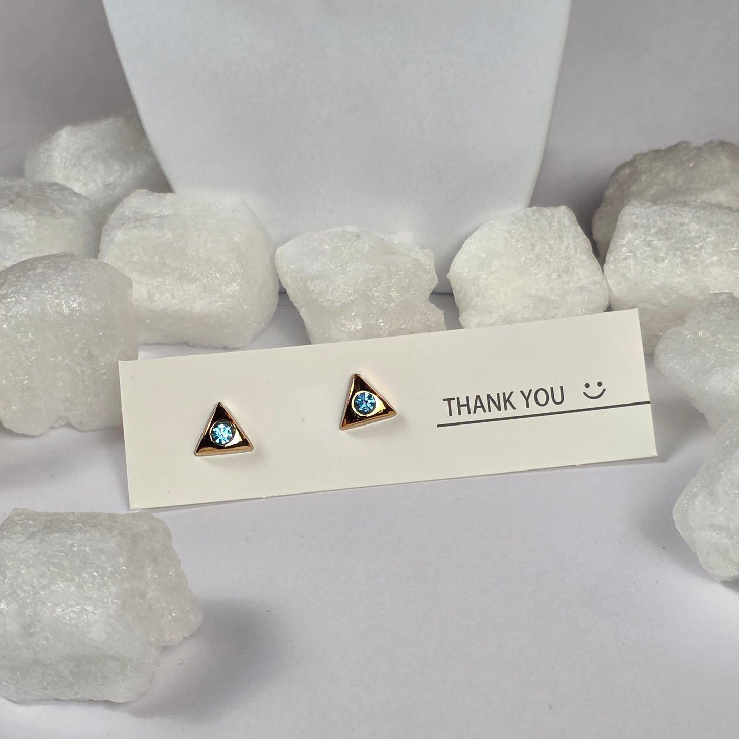 Gold Triangle Blue Crystal Stud Earrings A3