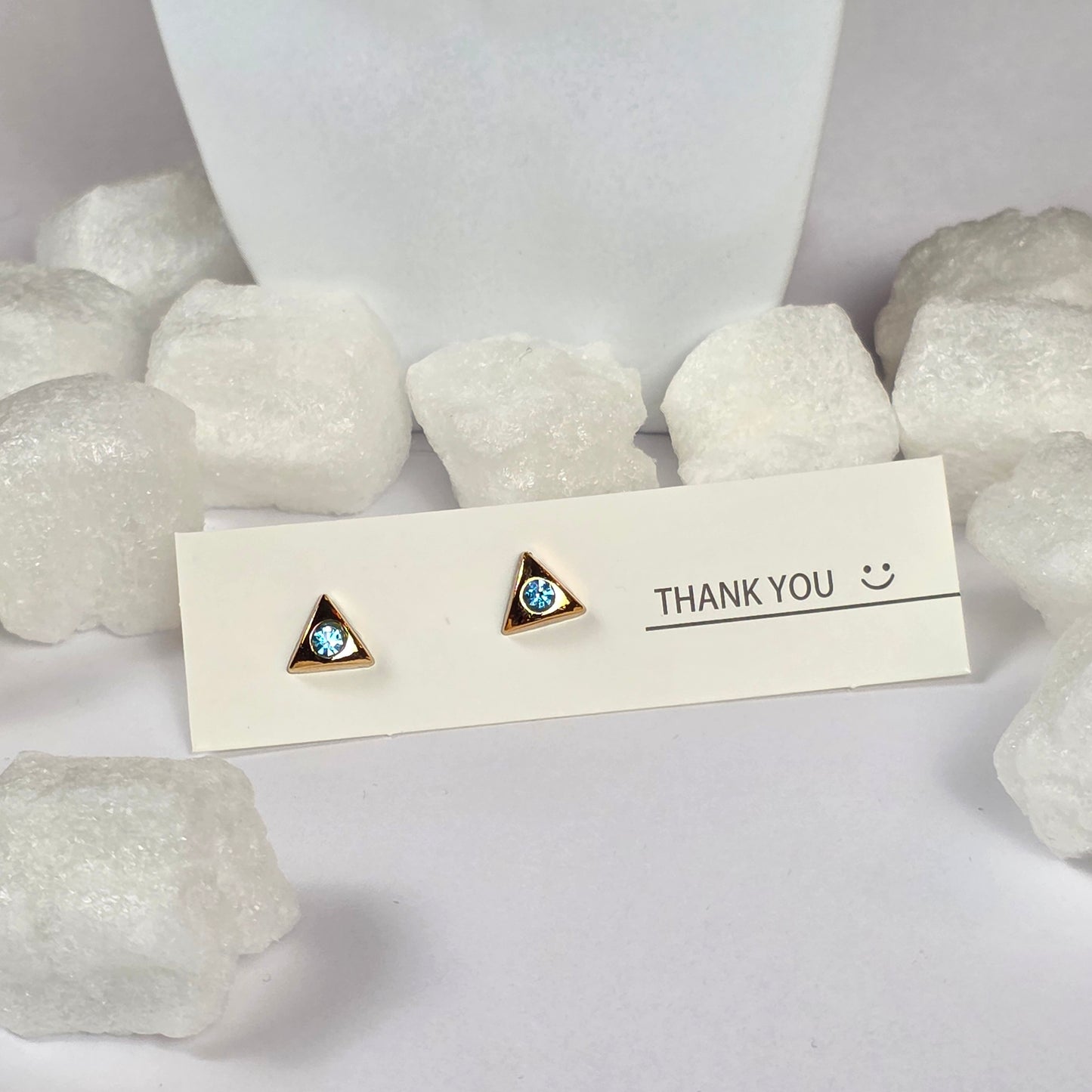 Gold Triangle Blue Crystal Stud Earrings A3