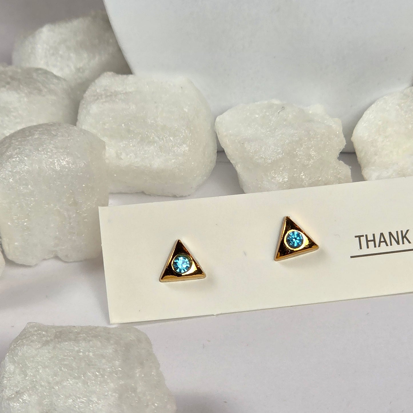 Gold Triangle Blue Crystal Stud Earrings A3