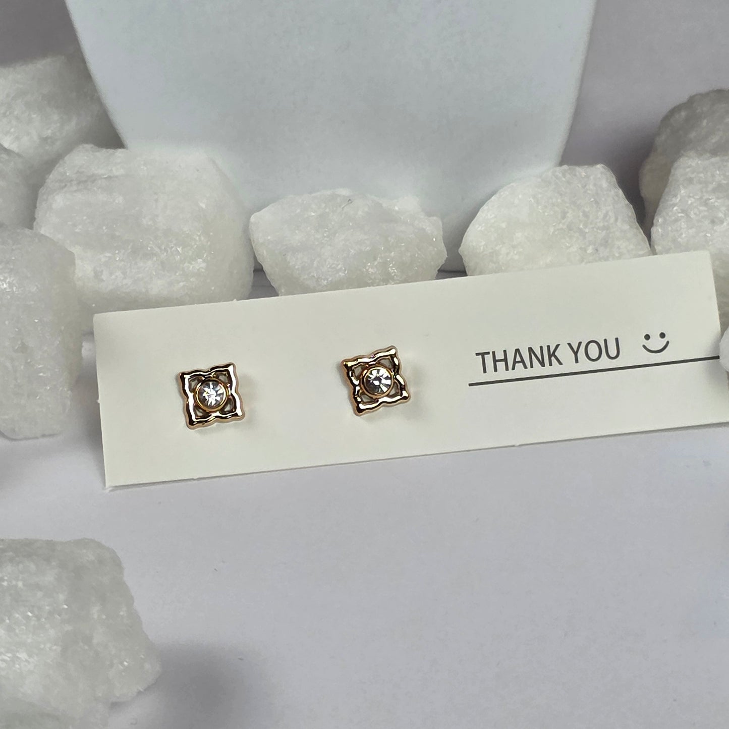 Gold Square Clear Crystal Ornate Stud Earrings A1