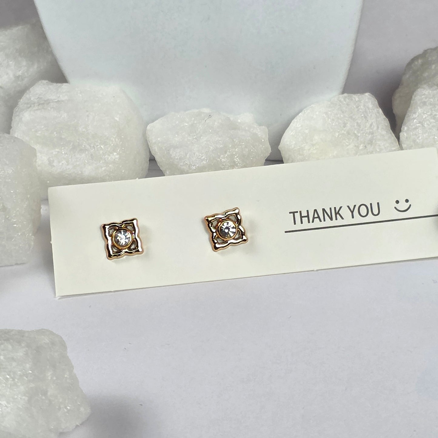 Gold Square Clear Crystal Ornate Stud Earrings A1