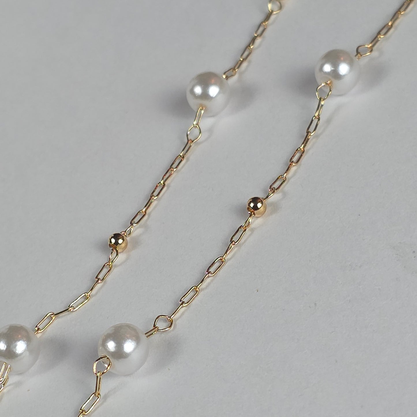 Gold Pearl Link Chain Necklace - Long Layered Necklace with White Pearls and Gold Beads